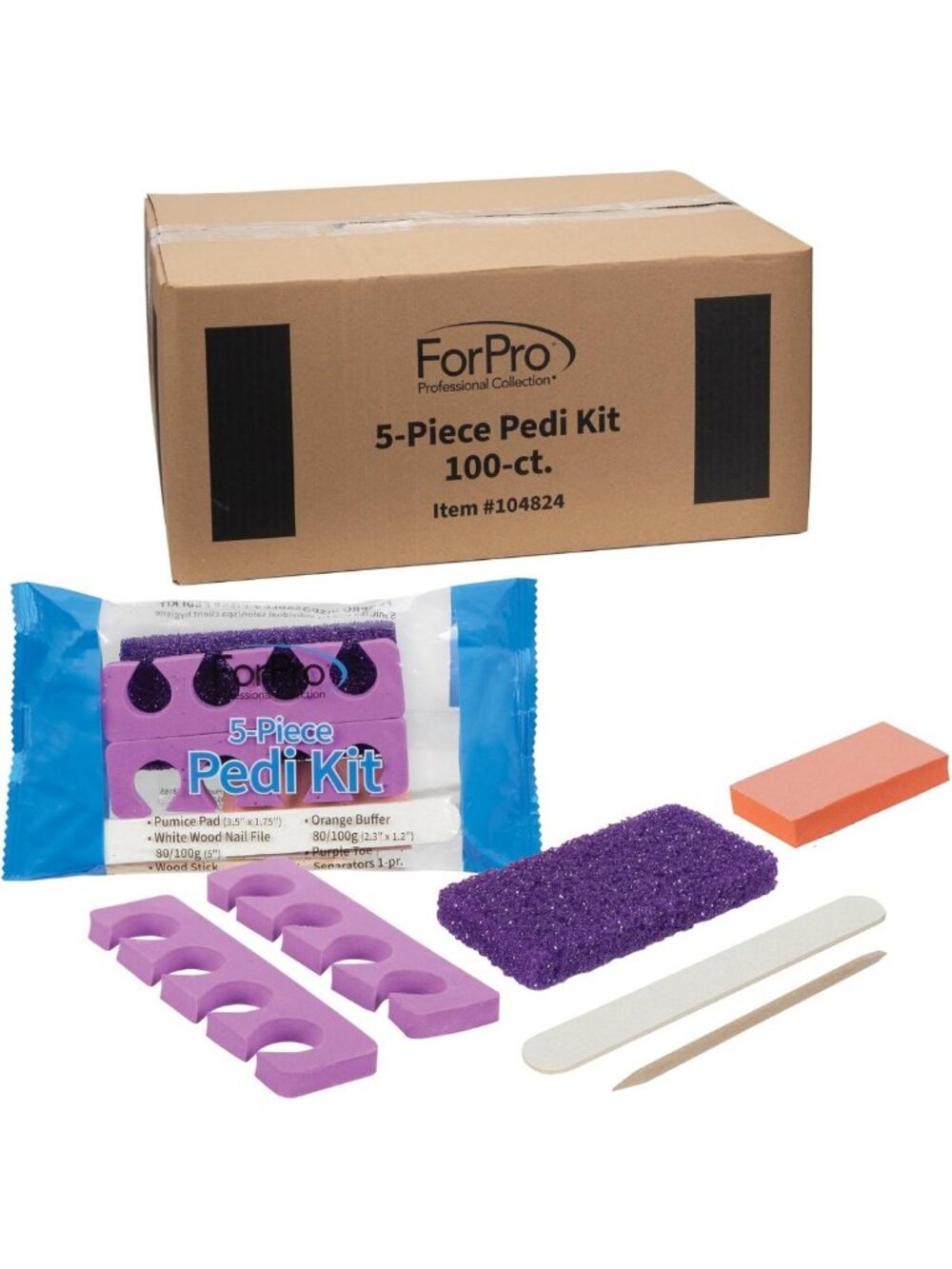 5-Piece Pedicure Set - 100 Individually Packed Kits, Pumice Pad, Nail File